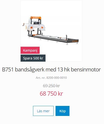 B751 bandsågverk med 13 hk bensinmotor på rea, prissänkt med 500 kr.