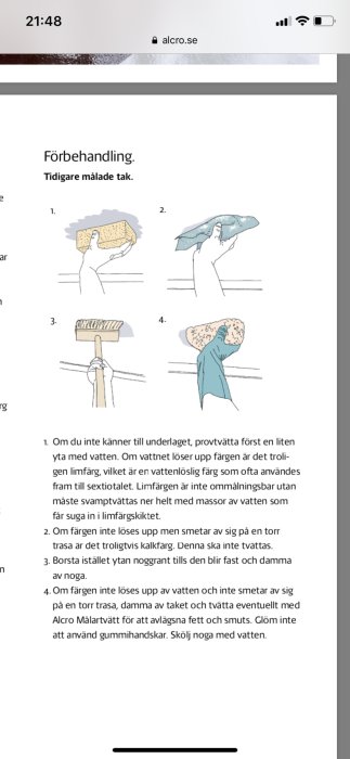 Illustration som visar steg för förbehandling av tidigare målade tak, inklusive svampning och borstning.