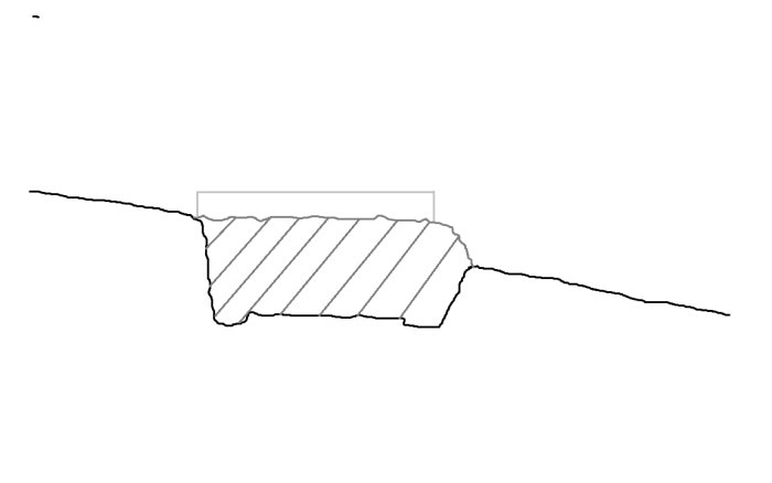 Schematisk ritning i Paint som visar grusfyllning under en byggnadsplatta på lutande mark.