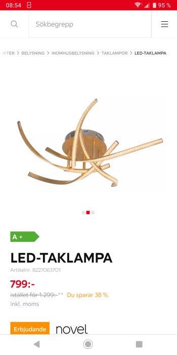 Modernt designad LED-taklampa med böjda ljusarmar och en central rund bas i guldton.