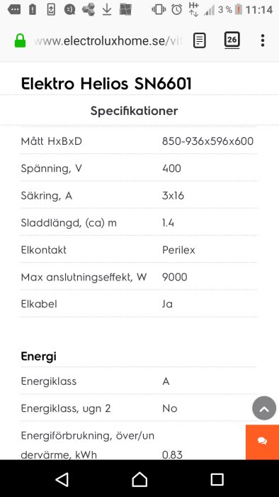 Specifikationer för Elektro Helios SN6601 spis, 400V, energiklass A, inkluderat mått och effektdata.