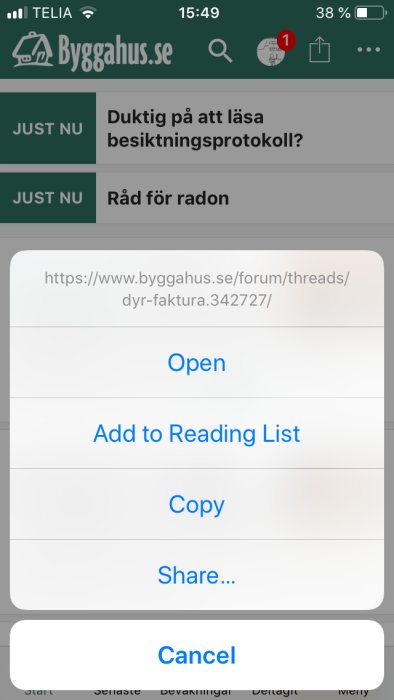 Skärmdump som visar en felaktig forumtrådslänk på en iPhone inom webbsidan ByggaHus.se