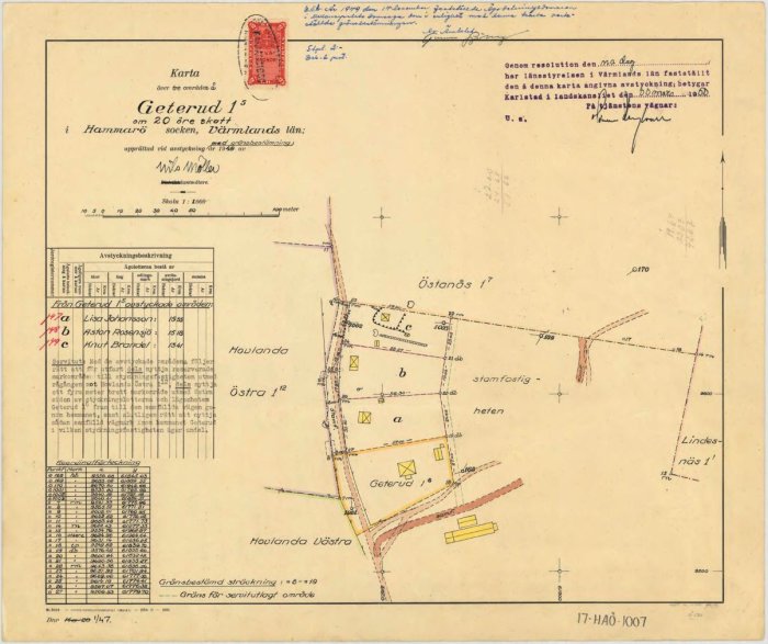 Gammal handritad karta över Geteberud med markeringar, tomtindelningar och anteckningar.