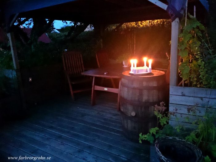 Mysig veranda i skymningsljus med trästolar, bord och ett vinfat med brinnande ljus som skapar en avkopplande atmosfär.