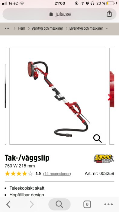 Tak- och väggslip med teleskopiskt skaft och hopfällbar design, 750 W, 215 mm, använd för lägenhetsrenovering.
