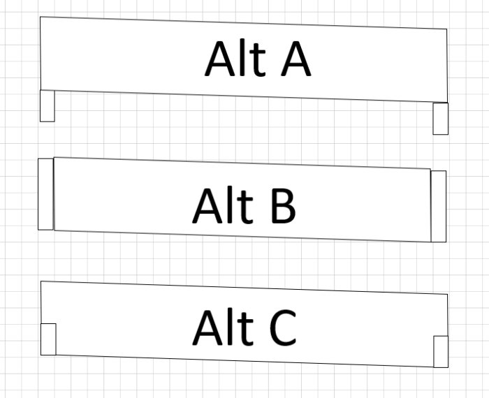 Ritning med tre alternativa planlösningar etiketterade 'Alt A', 'Alt B', och 'Alt C' på ett rutnät.