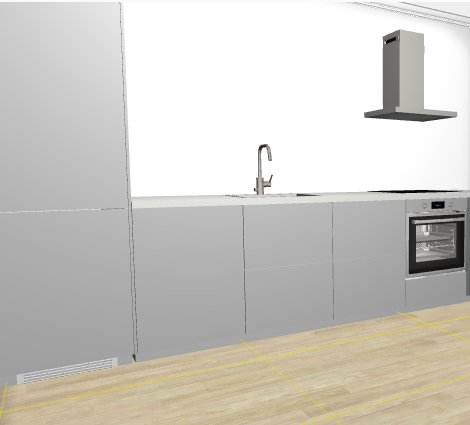 3D-modell av ett kök under renovering utan överskåp och plats för hängande lampor.