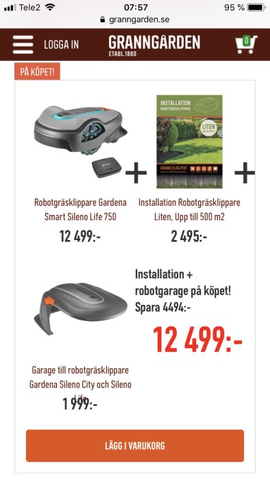 Robotgräsklippare Gardena Smart Sileno Life 750 med laddstation, erbjudande om installationsservice.