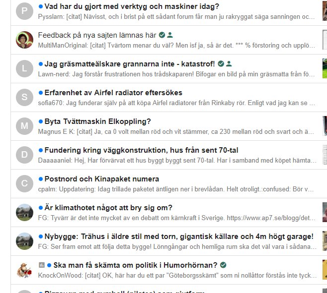 Skärmdump av ett webbforum med olika diskussionstrådar om bygg och renovering.