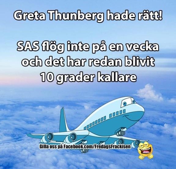 Illustration med text om flygplan och klimat, humoristiskt skämt om temperaturskillnad och Greta Thunberg.