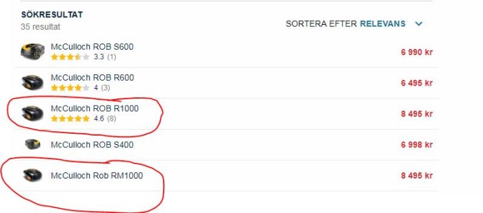 Sökresultat på Prisjakt visar McCulloch ROB R1000 och RM1000 robotgräsklippare cirklade i rött.