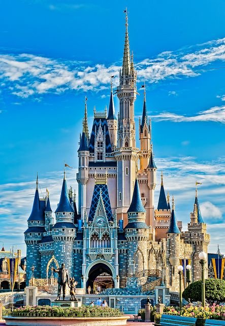 Bild på det ikoniska Disney-slottet under klarblå himmel.