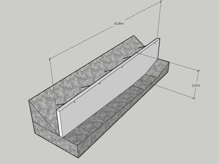 3D-skiss av koncept för stödmur med genomgående stag och brickor.