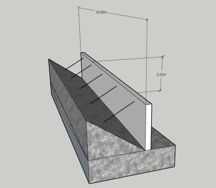 3D-skiss av stödmur med stag och brickor som konstruktionslösning, med måttangivelser.