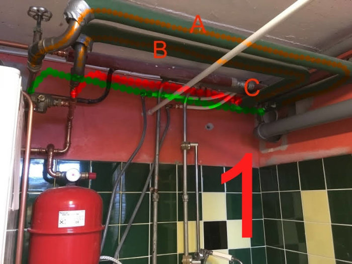 Värmerör markerade med A och B går onödigt i taket (C) nära bergvärmepump, planeras omkonstrueras enligt röd/grön markering.