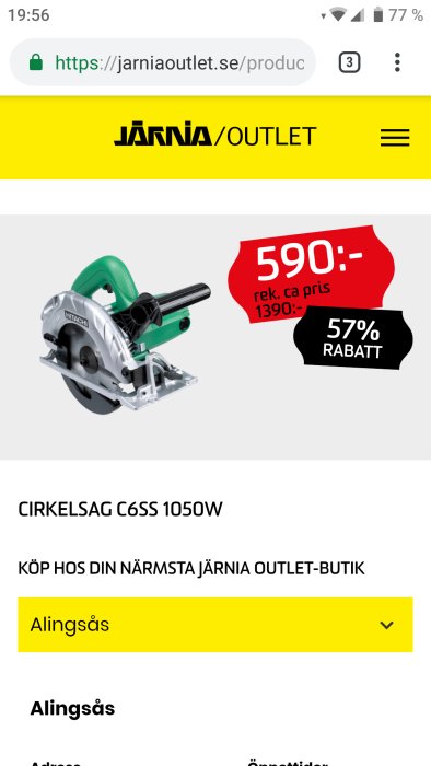 Cirkelsåg Hitachi C6SS 1050W med priset 590 SEK och 57% rabatt indikerat, på en mobil webbsida.