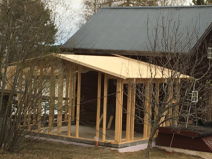 Byggnad under konstruktion med råspont klart på ena sidans tak och oavslutad andra sida.
