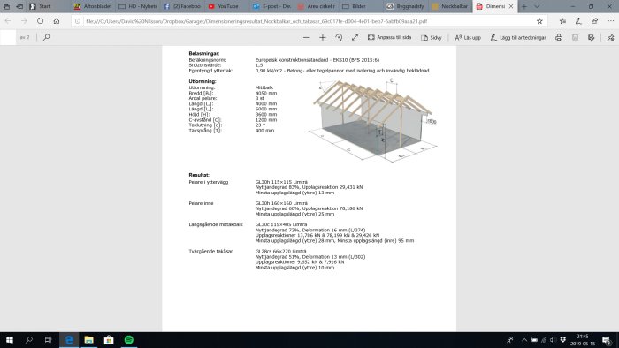 3D-malli autotallista, jossa näkyy kattorakenteen palkit ja mittasuhteet; teknisten tietojen luettelo oikealla.