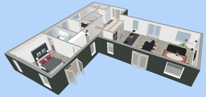 3D-modell av husplan som visar anpassat vardagsrum och kök med garderober i hallen.