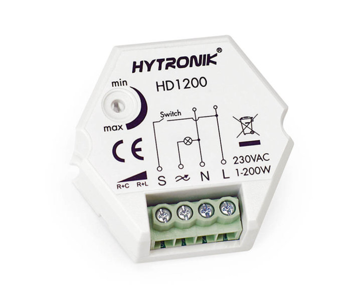 Hytronik HD1200 strömbrytare med kopplingsschema och terminaler.