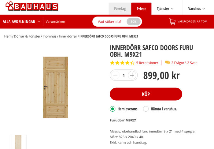 Massiv furudörr M9X21 för inomhusbruk, obehandlad, visas på en produktförsäljningssida.