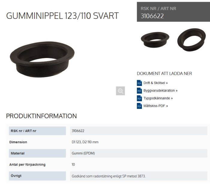 Svart Purus gumminippel modell 123/110, avsedd för byggprojekt, visas med produktspecifikationer.