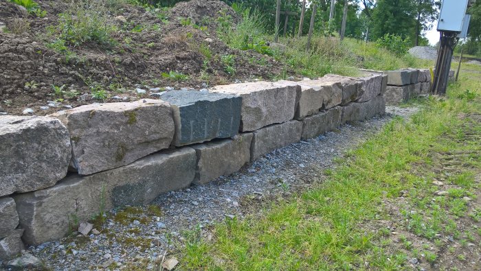 En nyanlagd stödmur av stora stenblock längs en grusväg.