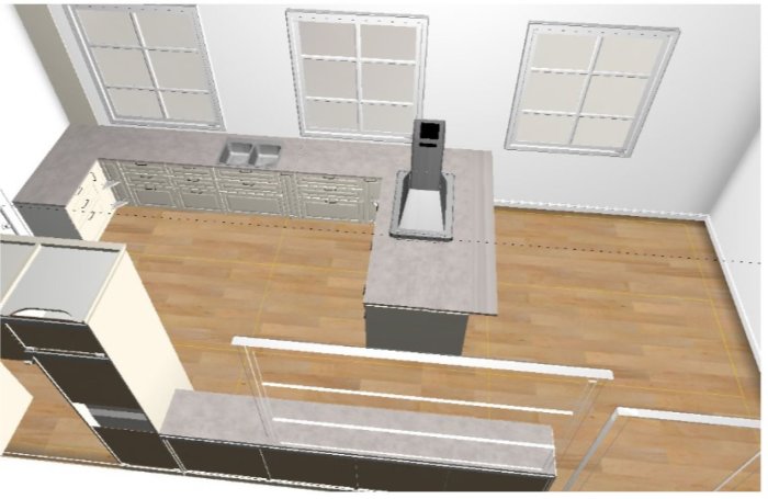 3D-planering av ett kök med ö-formad layout, inbyggd spis och flera fönster