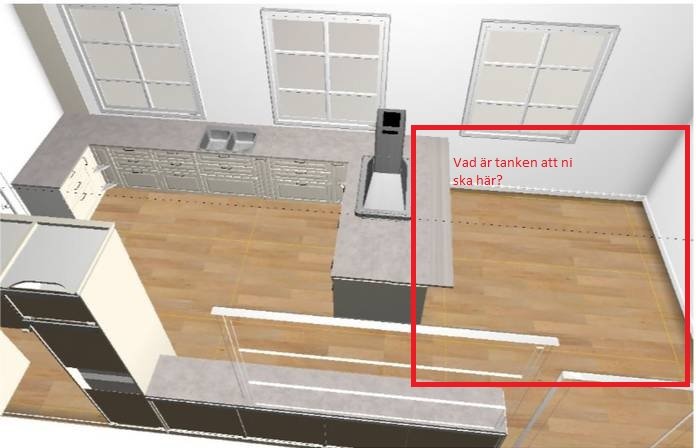 3D-ritning av ett kök med öppen planlösning, köksö, skåp och diskho framför fönster, frågetext på bilden.