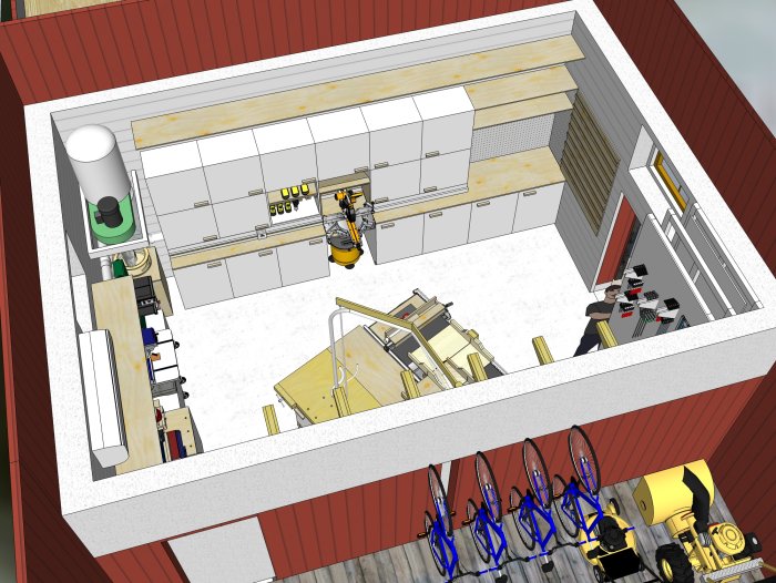 3D-modell av en organiserad verkstadsinredning med bordssåg, fräs, snickarbänk, skåp och förvaring.