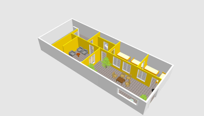 3D-modell av en gulfärgad källarplanlösning med möbler och trappor.