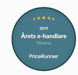 Årets e-handlare inom vitvaror 2019"-utmärkelse från PriceRunner med fem stjärnor på en blå cirkel.