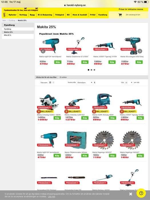 Skärmdump från Harald Nyborgs webbplats med 25% rabatt på Makita verktyg, inkluderar borrmaskiner, sågar och slipmaskiner.