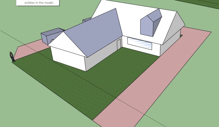 3D-modell av ett hus med potentiella tillbyggnader och avståndsmarkeringar till tomtgränsen.