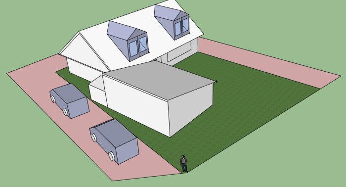 3D-skiss över hus och garage med markerade avstånd från tomtgränsen samt potentiella tillbyggnader.