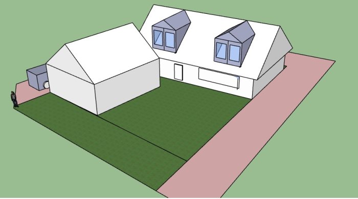 3D-skiss av hus med inredd vind och intilliggande garage, 4,5 m zon markerad i laxfärg.