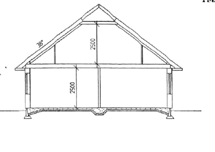 Arkitektonisk ritning av en byggnads tvärsnitt visar mått och taklutningen på 38 grader.