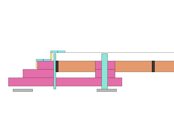 Schematisk illustration av delvis byggd altan med trappkonstruktion monterad på golvreglar, utan extra plintar.
