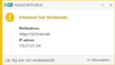 Skärmdump av ett varningsmeddelande från ESET NOD32 Antivirus som indikerar att en webbadress har blockerats.