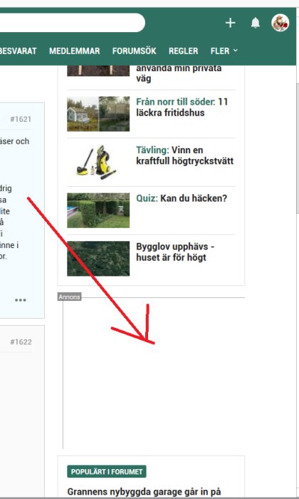 Skärmbild av ett forum med användargränssnitt och en markerad annons som antivirusprogram varnar för.