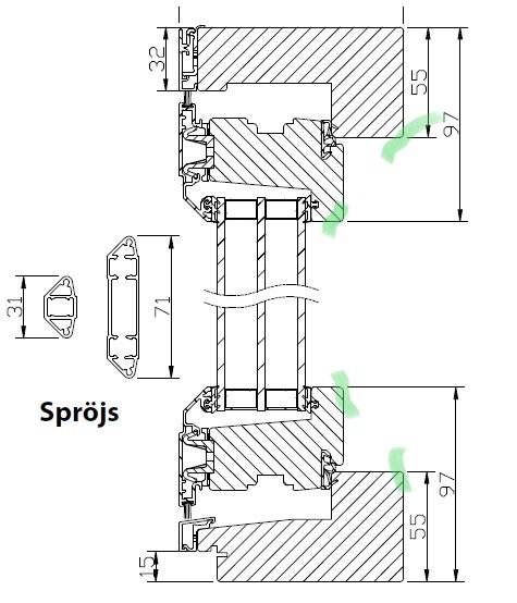 Detaljerad teknisk ritning av en fönsterkonstruktion med spröjs och måttangivelser.