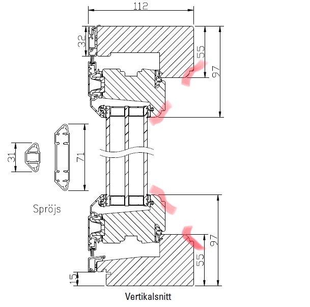 Vertikalsnitt av fönsterinstallation med mått och detaljer, markerat där reglarna inte linjerar.