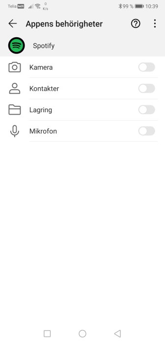 Skärmdump av appbehörigheter för Spotify med avstängda tillstånd för kamera, kontakter, lagring och mikrofon.