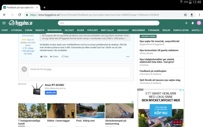 Skärmdump av diskussionsforum, med textfält, menyikoner och användarinlägg synligt.