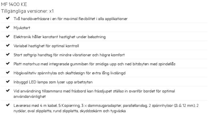 Produktlista för en handöverfräs med beskrivning av funktioner och medföljande tillbehör.