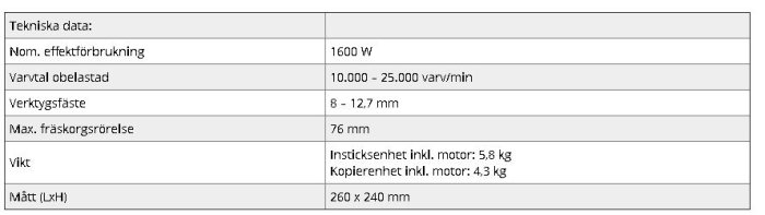 Tekniska specifikationer för en fräsmaskin inklusive effektförbrukning, varvtal, verktygsfäste och vikt.