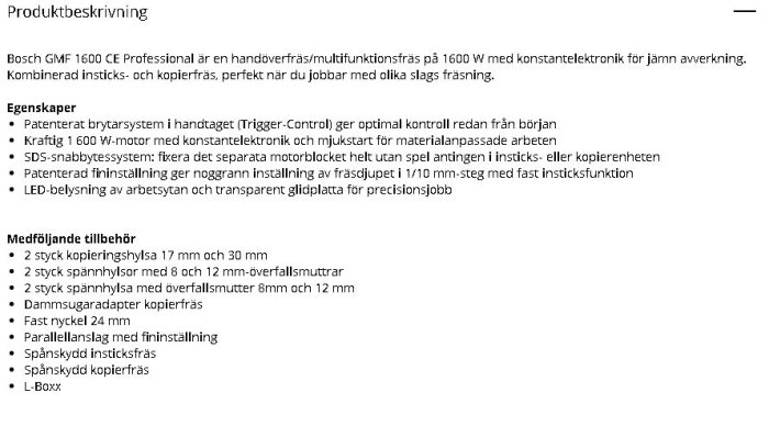 Produktbeskrivning av Bosch GMF 1600 CE Professional multifunktionsfräs med tillbehör och egenskaper listade.