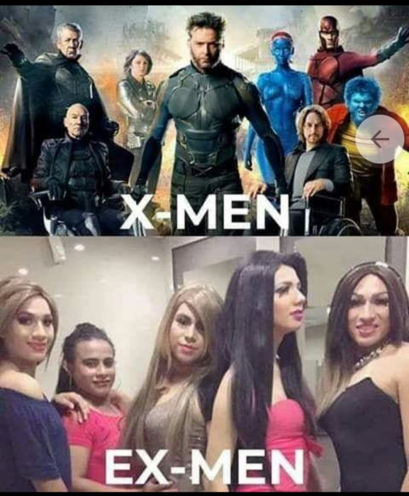 Kollage av två bilder: Övre del föreställer 'X-Men' filmkaraktärer, nedre delen visar grupp personer med texten 'EX-MEN'.