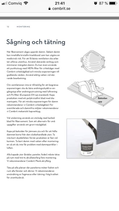 Illustrationer som visar säker åtgärd vid kapning av fibercement, andningsskydd och produktförpackning.