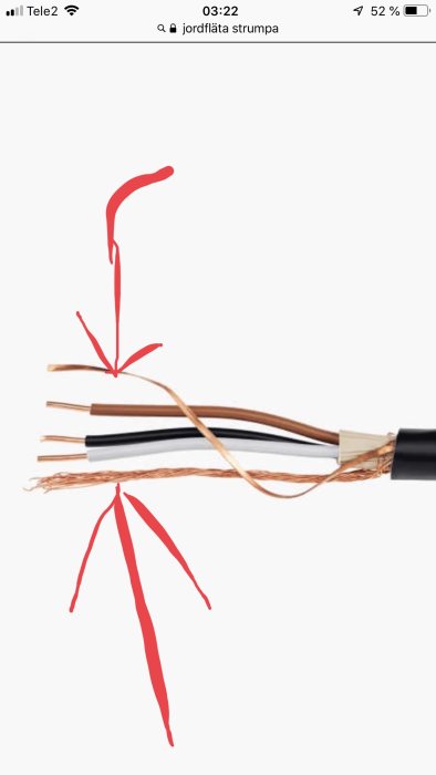 Ek-kabel avskalad visar koppartrådar, varav en jordfläta och markeringar som pekar mot dem.
